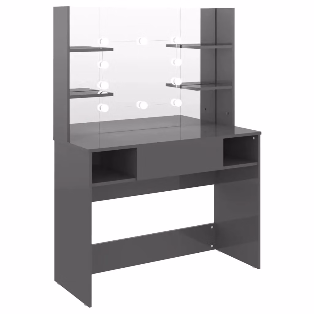 Berkfield Home Modern Makeup Table with Hollywood LED Lights in Glossy Grey, W/D/H: 100 x 40 x 135 cm – 2