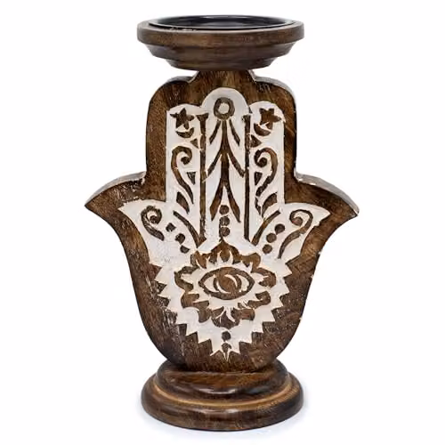 Serenityy Mango Wood Hamsa Design Candle Holder, Brown, W: 18 cm, D: 11 cm, H: 11 cm – 1
