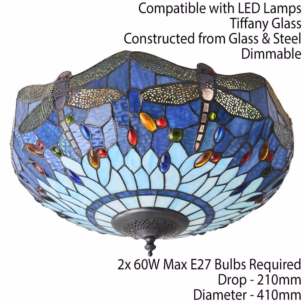 Loops Tiffany Glass Semi Flush Ceiling Light with Blue Dragonfly Inverted Shade in Multicolour and Bronze – 2