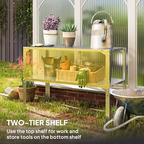 Outsunny 2 Tier Metal Potting Bench Work Table in Silver Tone, W/D/H: 110 x 50 x 75 cm – 3
