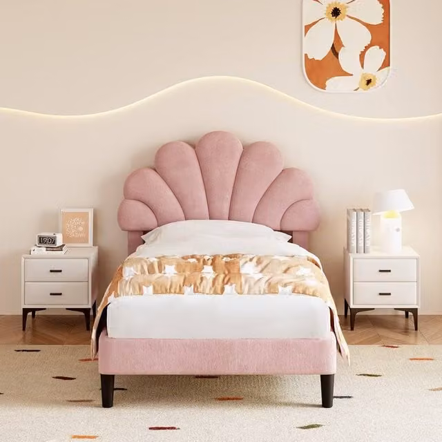 Rolipo Pink Velvet Upholstered Double Bed Frame with Adjustable Floral Petal Headboard