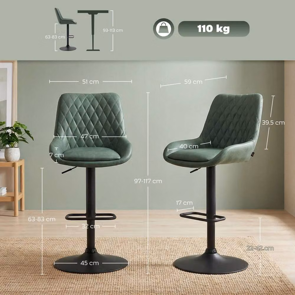 Wyld Haus Milosu Green Retro Bar Stools Set of 2 with Swivel Seats and Faux Leather Upholstery – 4