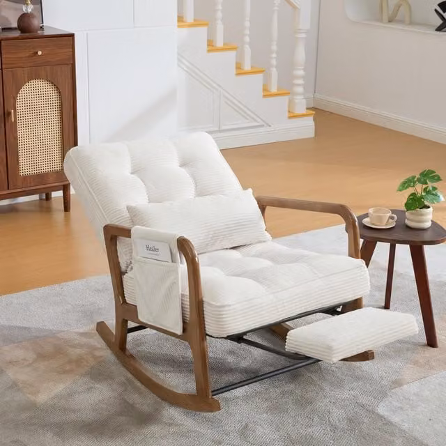 Aosom UK Beige Corduroy Rocking Chair with Adjustable Footrest and Side Pocket, H 70 x W 80 x D 92 cm
