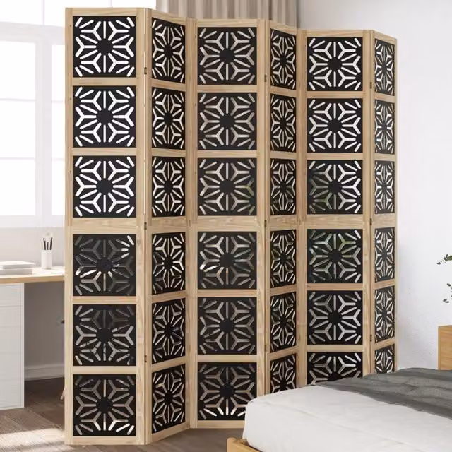 Berkfield Home 6-Panel Geometric Room Divider in Brown and Black Solid Paulownia Wood