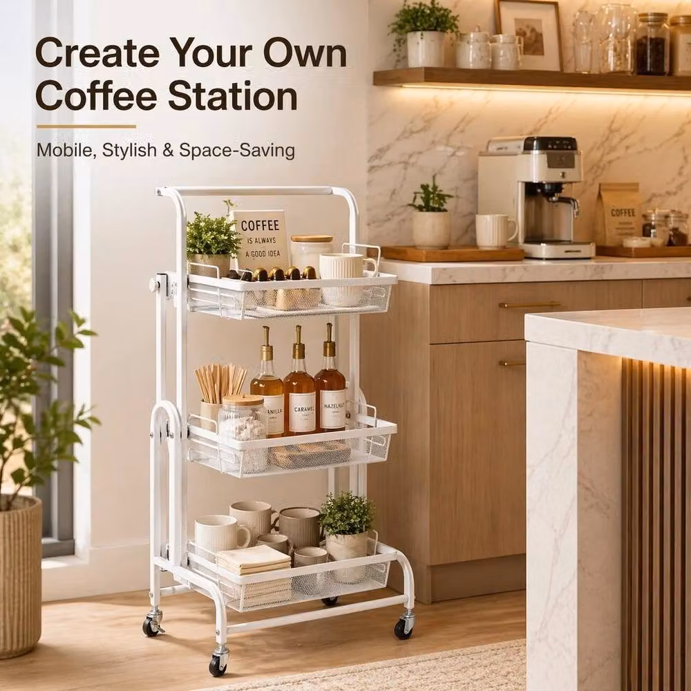 EONLION 3 Tier Rolling Utility Cart in White with Adjustable Metal Shelves – 3