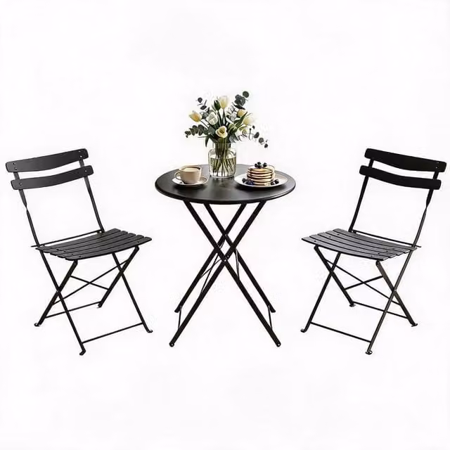 London Boutique 3-Piece Metal Bistro Set with Round Table and 2 Chairs in Matt Black – 1