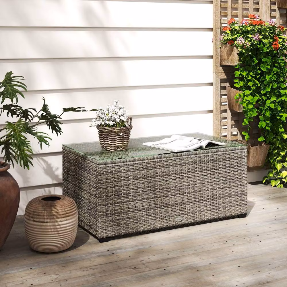 Wyld Haus Livatoli Rectangular Glass Top Side Table in Dark Grey Rattan and Powder Coated Steel – 4