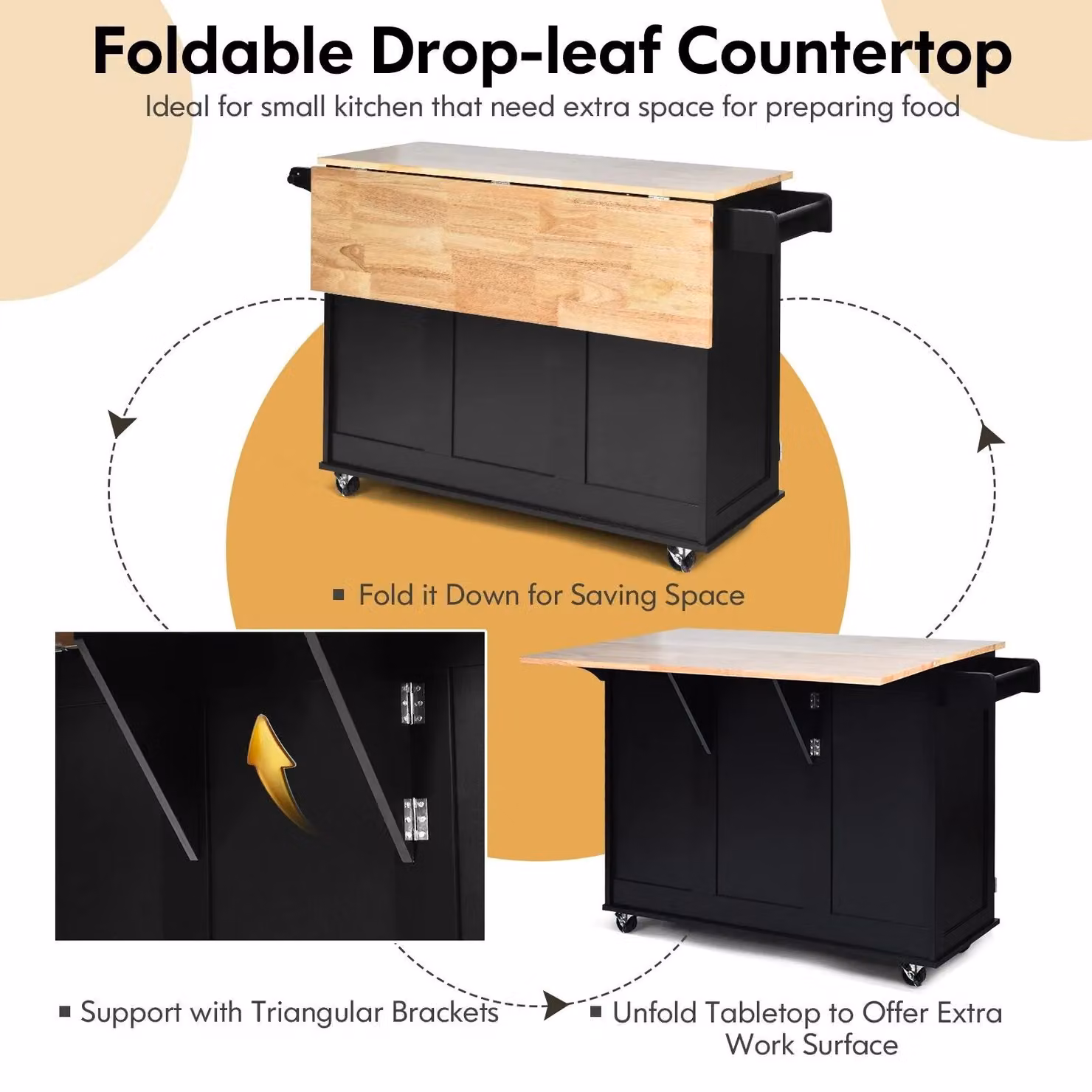 Costway Kitchen Storage Trolley Cart with 3 Drawers and Shelves in Black Matt Wood – 8