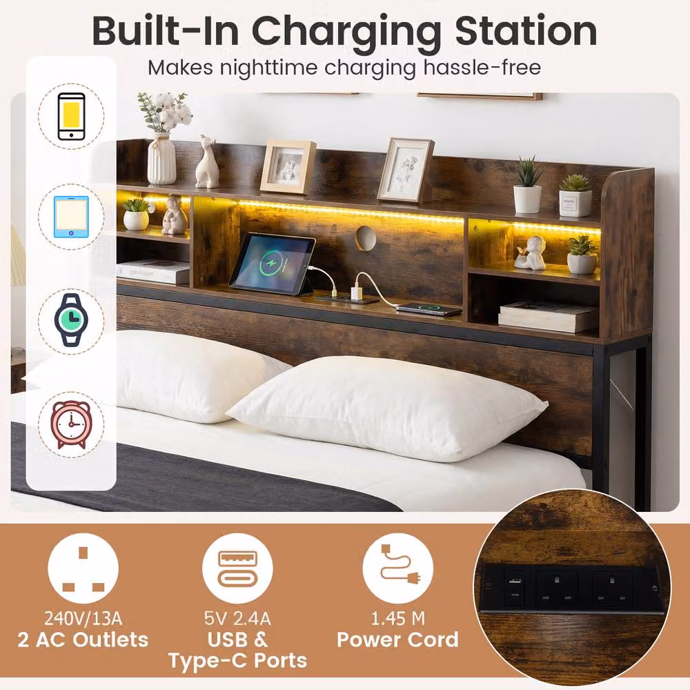 Costway Double Size Metal Bed Frame in Brown with LED Lights, USB Charging Port and Side Compartments, W/D/H: 140 x 200 cm – 7