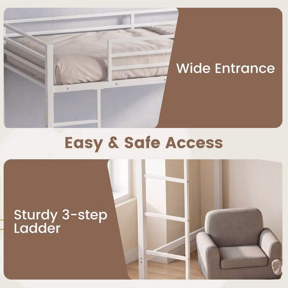 Costway Single Metal Loft Bed Frame with Guardrails and Side Shelves in White – 2