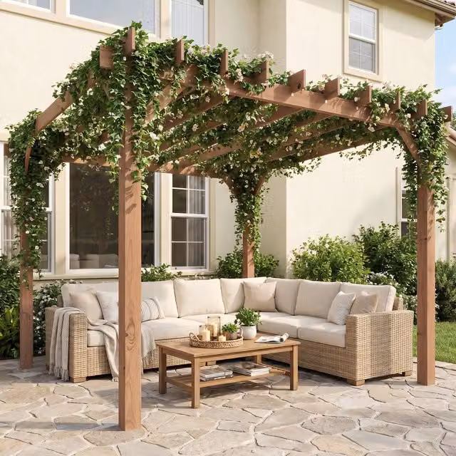 Outsunny Wooden Pergola Gazebo with Grape Trellis in Brown Maple Wood-effect