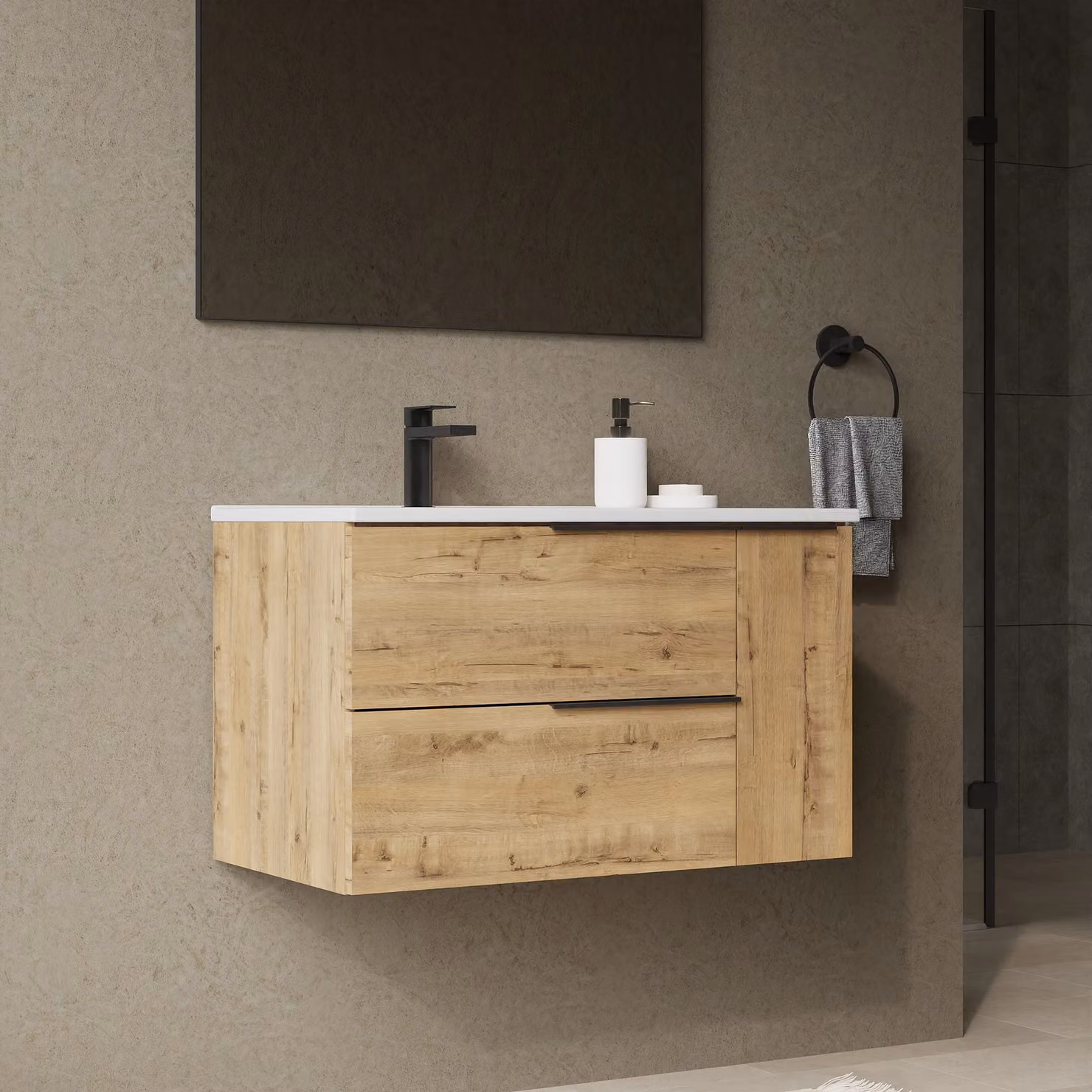 Banyetti Celtic Duo 800mm Wall Hung Vanity Unit with Door and Basin in Ostippo Light Oak – 4