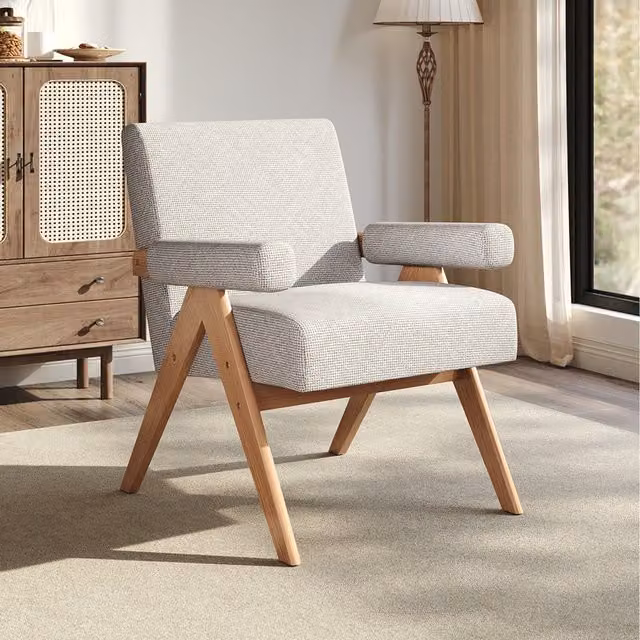 Komore Beige Fabric Upholstered Tub Armchair with Solid Rubberwood Frame