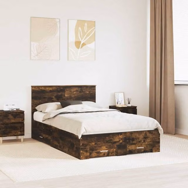 Berkfield Home Modern Bed Frame with Drawers in Smoked Oak Brown, W/D/H: 120 x 190 cm