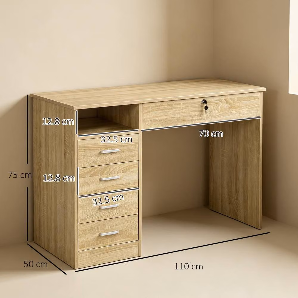 HOMCOM Modern Computer and Writing Desk with Five Drawers in Brown Oak – 3