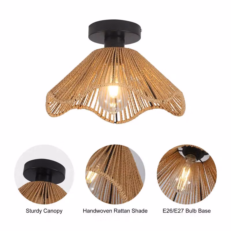 Garwarm Rattan Flush Mount Ceiling Light, Brown and Black, W/D/H: 19.5 x 19.5 x 30.5 cm – 4