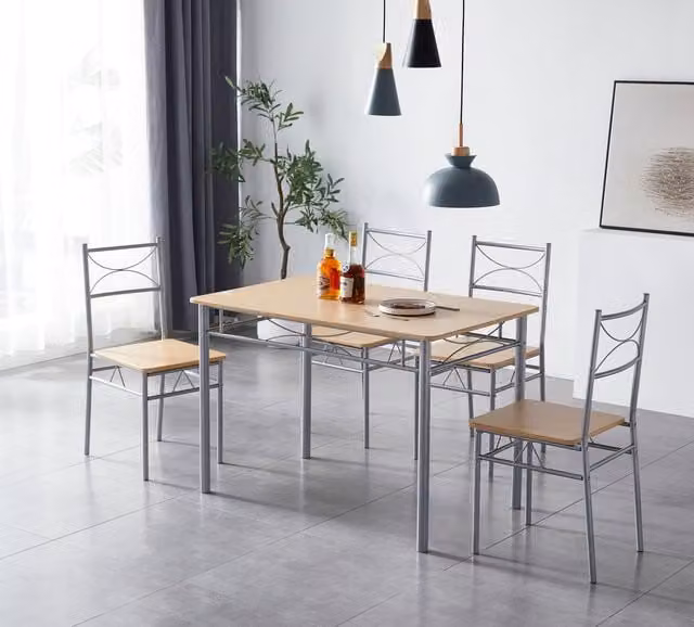 MCC Direct Silvia Dining Table and 4 Chairs Set in Natural Wood and Metal Frame