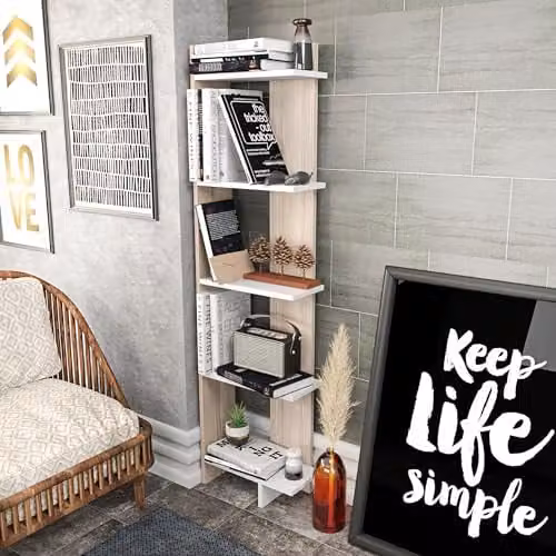DECOROTIKA Alice 5-Tier Corner Bookshelf in White, H 170 x W 45 x D 22 cm