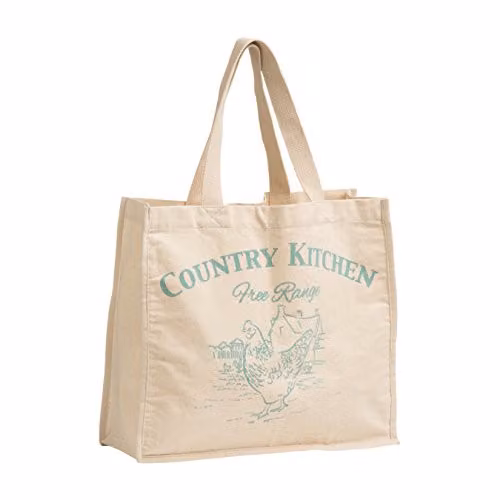 Orsina Country Kitchen Reusable Fabric Shopping Bag with Kitchen Utensil Print in Beige and Blue, W/D/H: 40 x 35 x 15 cm