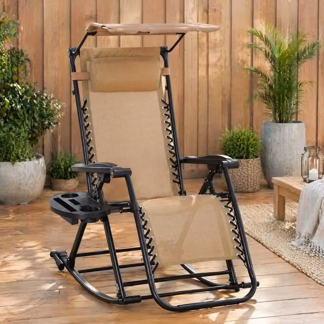 STILVORA Rocking Sun Lounger with Canopy and Side Tray in Beige