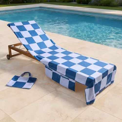 OHS Blue Checkerboard Microfibre Beach Towel with Bag, Quick-Drying and Absorbent, W: 75 cm, L: 215 cm