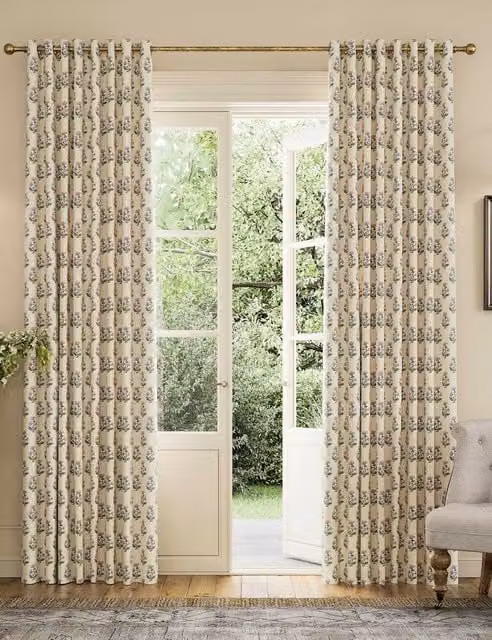 Joules Chamomile Floral Cotton Blackout Eyelet Curtains in Beige and Cream
