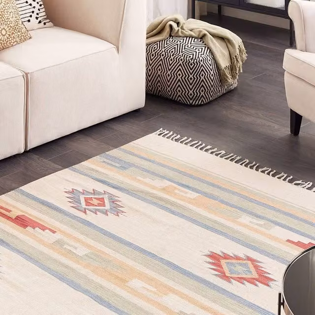 Wyld and Coco Klim Handwoven Cotton Kilim Rug in Beige and Multicolour, Reversible with Tassels, W: 140 cm, D: 200 cm