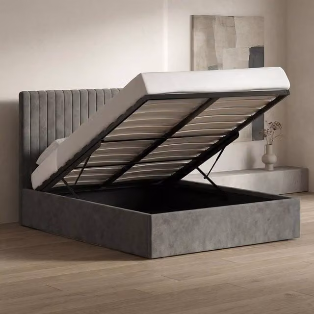 FWStyle Sollom Double Ottoman Lift Up Ribbed Bed Frame in Grey with Nickel Underbed Storage, W/D/H: 112.5 x 154 x 209 cm – 1