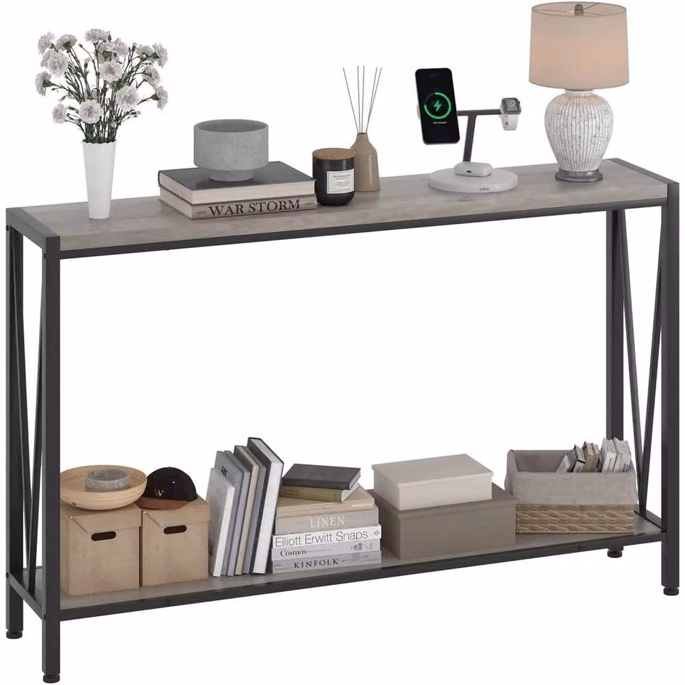 VOGREX 2-Tier Narrow Industrial Console Side Table in Grey – 4