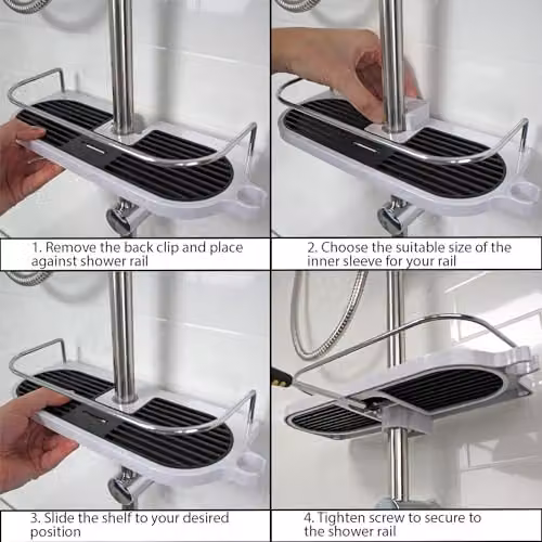 Showerdrape Adjustable Tension Rod Bathroom Shower Shelf Caddy Organiser in Black or White – 2