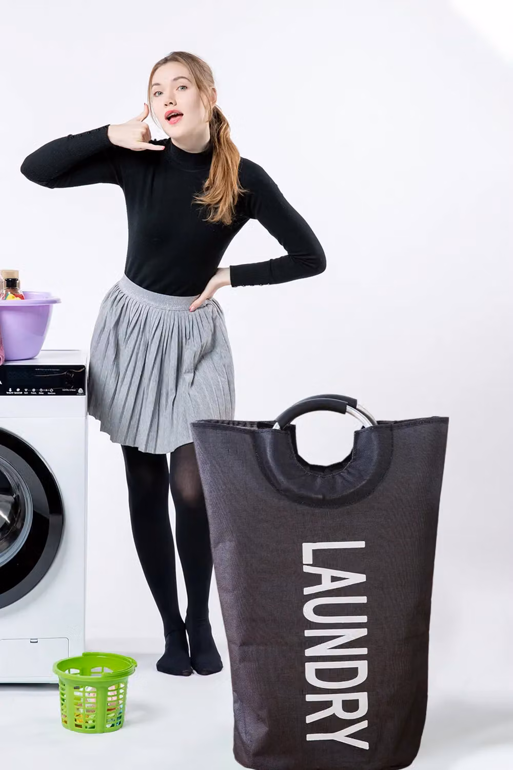 Neel Blue Collapsible 40L Laundry Basket with Padded Handles in Black – 7