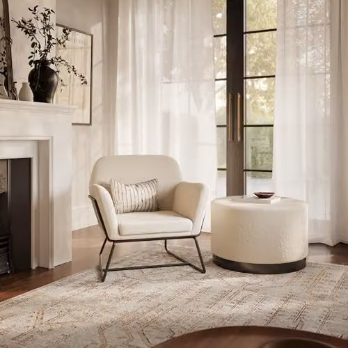 Lemon Pavilion Furniture Lara Large Cylindrical Pouffe in White Bouclé Fabric, W: 60.5 cm, D: 60.5 cm, H: 35.5 cm – 2