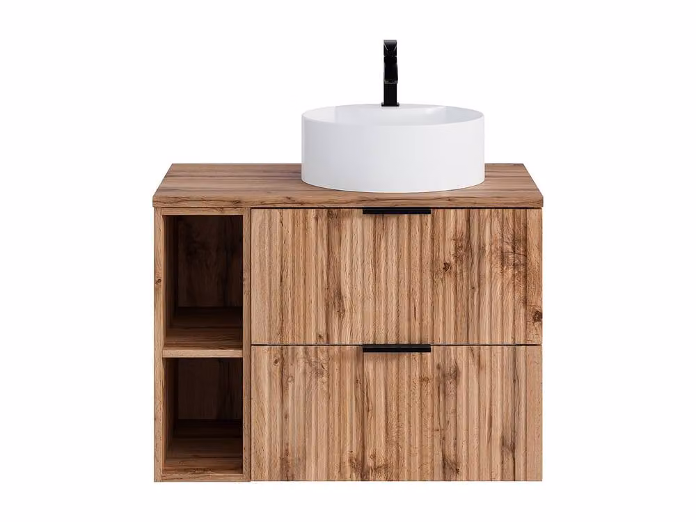 Vente-unique Suspended Striped Bathroom Vanity Unit with Niches and Round Design in Light Oak – 2