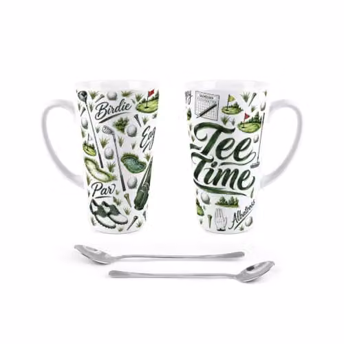 Purely Home Tee Time Tall Latte Mugs and Spoons Gift Boxed Set in Green and White – 4