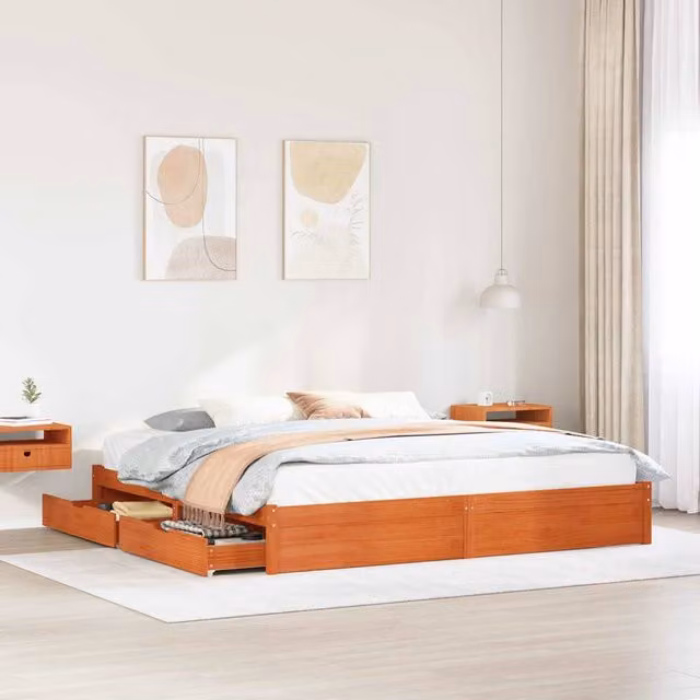 Berkfield Home Solid Pine Wood Bed Frame with Drawers, Wax Brown, 180 x 200 cm
