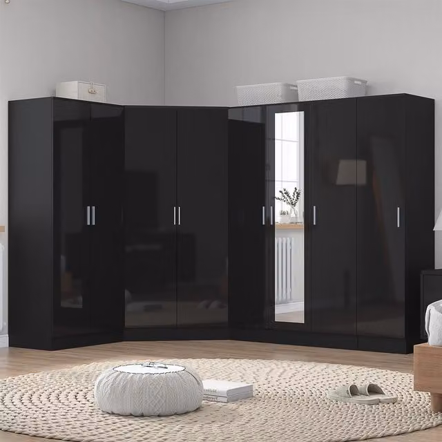 REFLECT Wardrobe Bundle in Black Gloss and Matt Black featuring Corner, 3-Door, 2-Door and 1-Door Units with Soft-Close Hinged Doors and Mirror