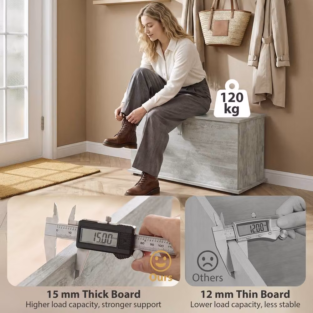 HOMCOM Grey Wood Storage Chest with 102L Capacity and Safety Hinged Lid – 3