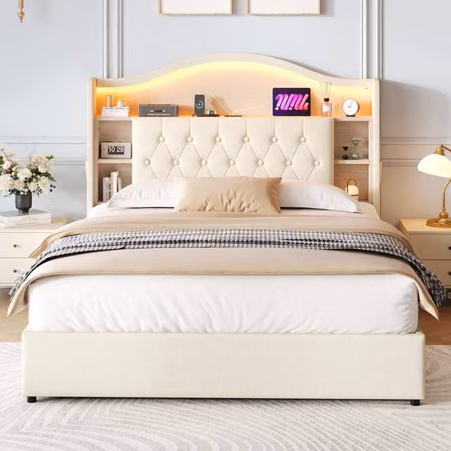 Merax Double Upholstered Bed Frame with Lift Up Storage, LED Tufted Headboard, USB Charging Port and Bedside Shelf, Beige, W/D/H: 140 x 200 x 143 cm