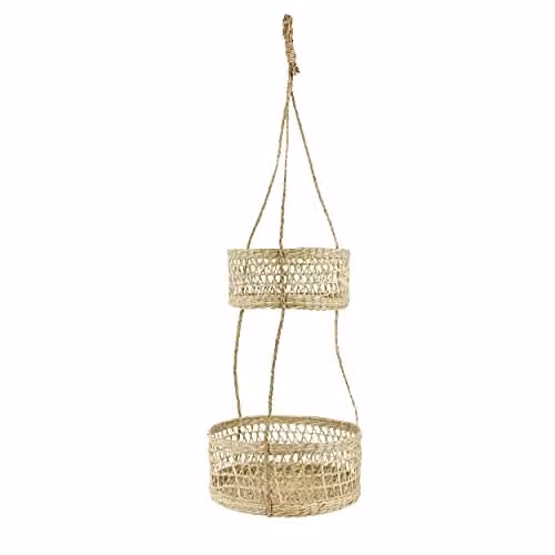 KitchenCraft Natural Elements Two-Tier Rattan Hanging Planter in Beige and Brown – 1