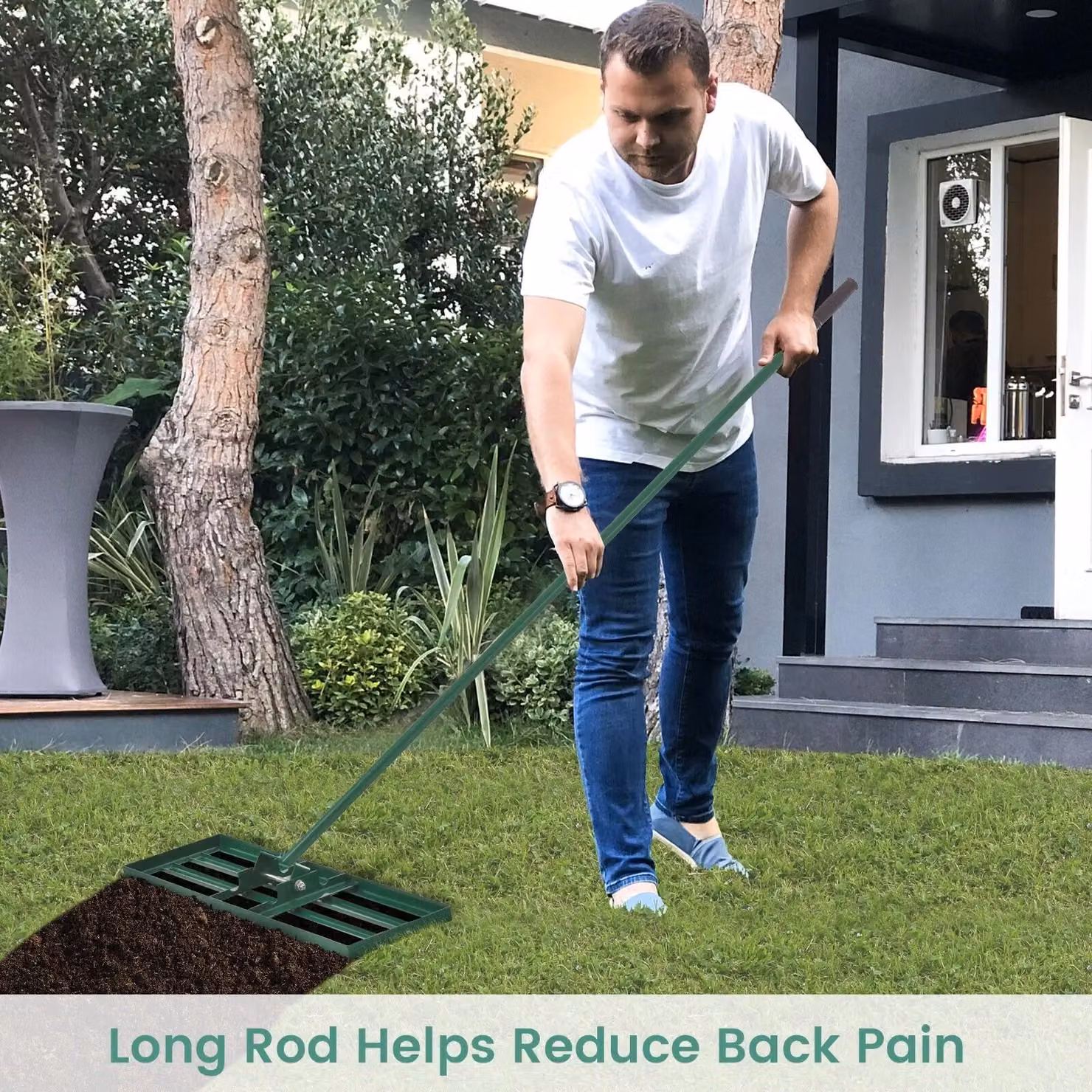 Gymax Green Lawn Leveling Rake Landscape Tool with Handle W: 75 cm, H: 25 cm – 4