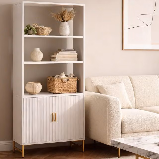 Furniture One Modern 4-Tier White Bookcase with Doors and Cabinet in Matt Finish