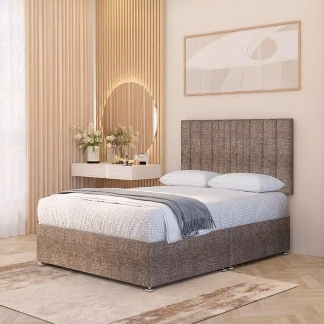 Somnior Beds Ltd Arizona Tweed Fabric Orthopaedic Divan Bed Set with Hybrid Mattress, Drawers and Upholstered Headboard, Brown, W: 140 cm, D: 200 cm