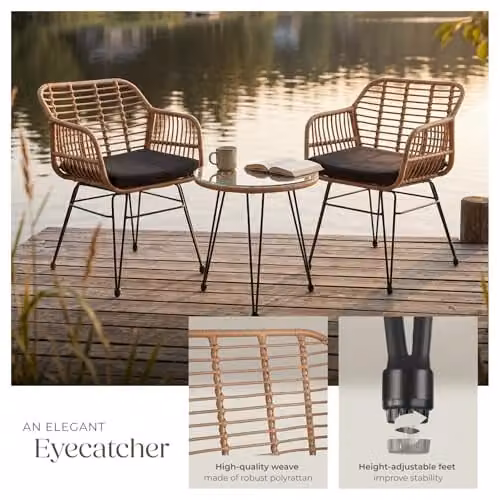 tectake Molfetta 3-Piece Rattan Garden Furniture Set in Beige and Brown with Round Glass Top Table and 2 Chairs – 3