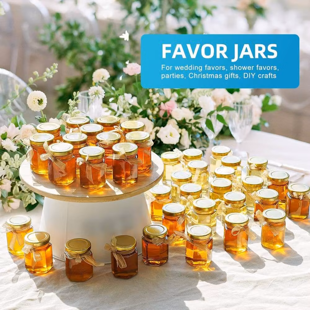 ATEK Set of 60 Hexagonal Small Glass Jars with Gold Metal Lids, 45 ml, Clear – 8