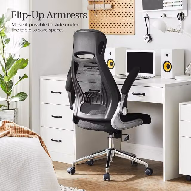 SONGMICS Black Mesh High Back Office Chair with Headrest, Armrests and Castors