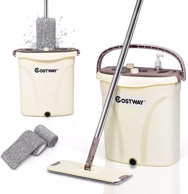 Costway Flat Squeeze Mop and Bucket Set in Beige and Brown with Microfibre Refillable Head