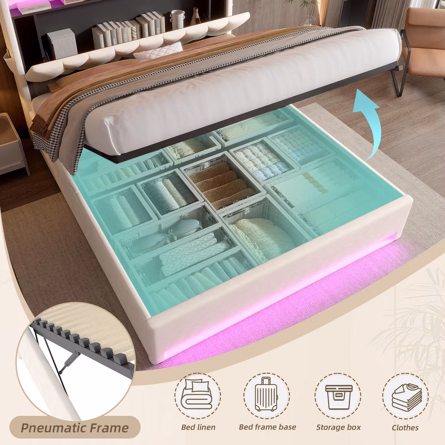 Aosom UK Beige Upholstered Velvet Platform Bed with Hydraulic Storage and USB Charging Port, W: 143 cm, D: 211 cm, H: 116.5 cm – 3