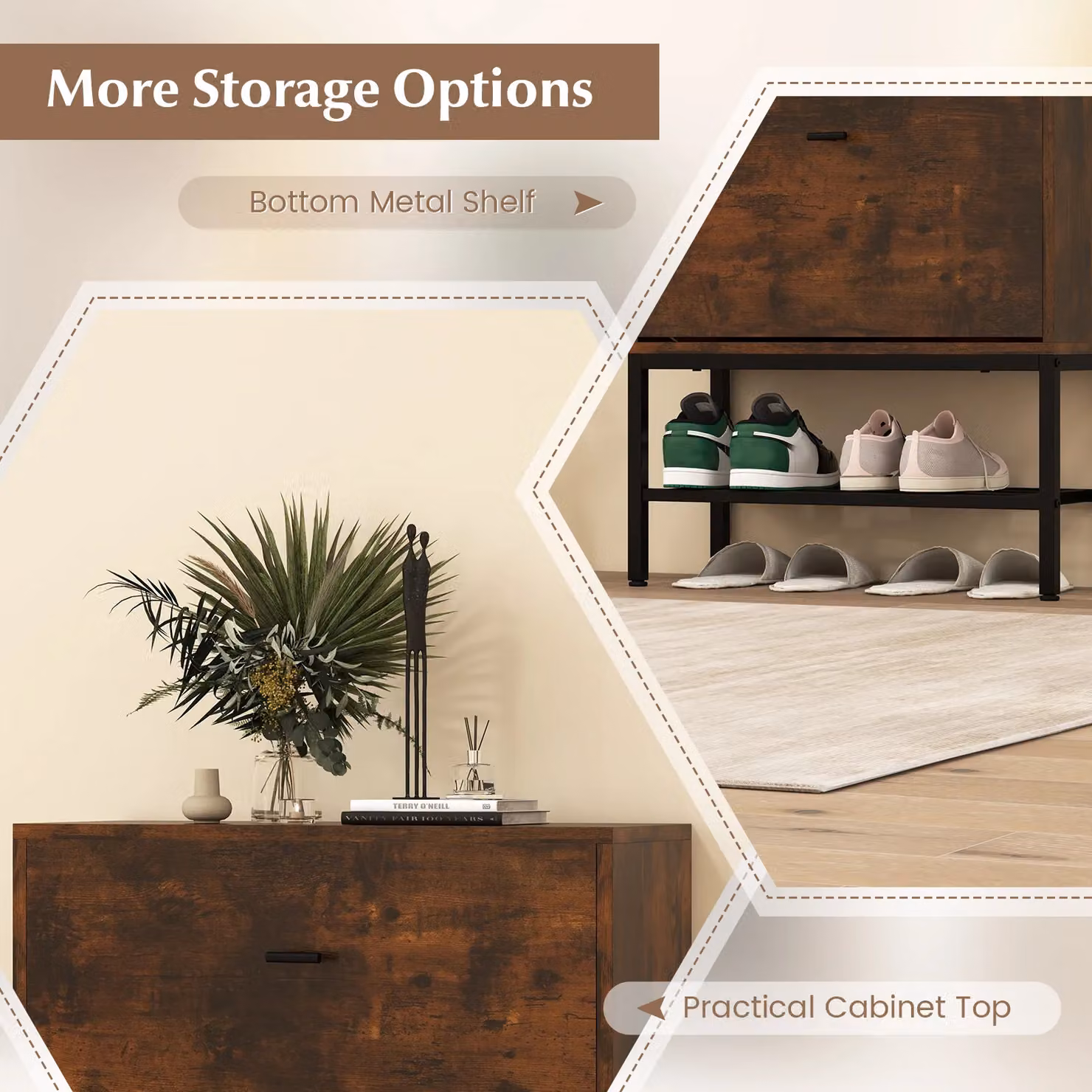Gymax Freestanding Industrial Shoe Cabinet in Brown with 2 Tilting Drawers and Metal Shelf – 3