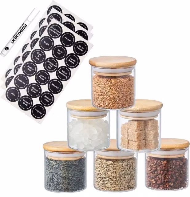 Eden & Willow Set of 6 Airtight Round Glass Spice Jars with Bamboo Lids and Labels, Transparent, 150 ml each