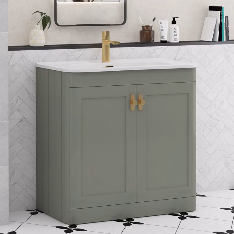 Royal Bathrooms Henley 800mm Sage Green Floor Standing 2 Door Vanity Unit with Ceramic Basin and Brushed Brass Knob